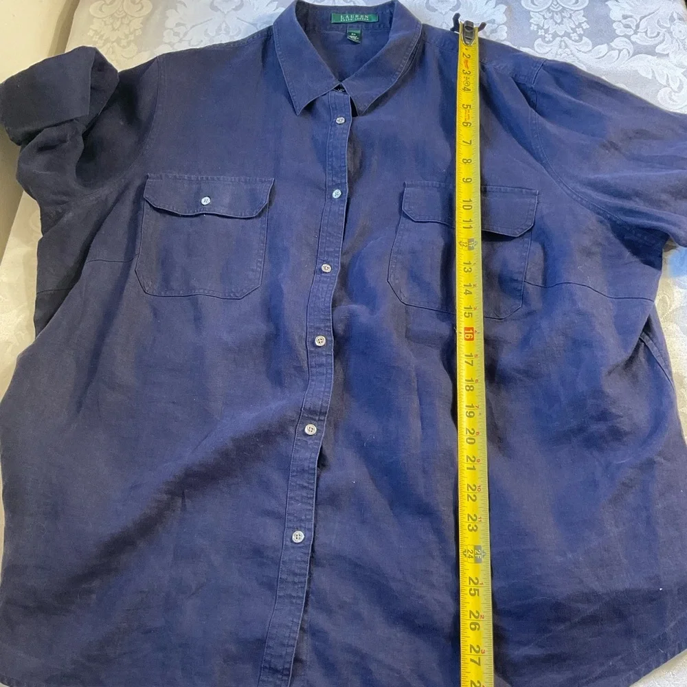Lauren Ralph Lauren Shirt Womens 3X Navy Linen Button Front Roll Tab Tunic Top - Picture 4 of 6